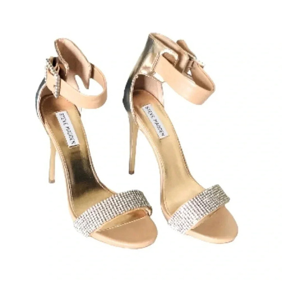 STEVE MADDEN | Gold/Tan/Silver Rhinestone Strap Open Toe Chrome Stiletto Size 9M - Picture 2 of 7
